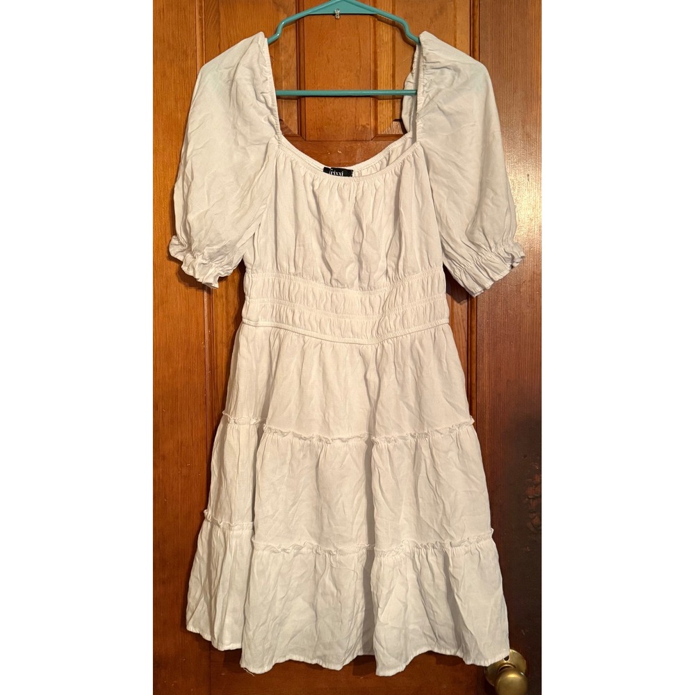 Trixxi White Square Neck Puff Sleeve Smocked Tiered Mini Dress L